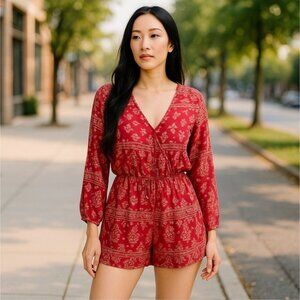 Archaic by Affliction Red Paisley Romper W/ Long Sleeves & V-Neck – M